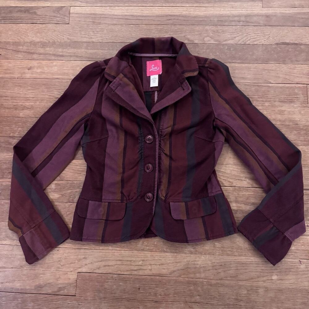 Lux purple red gold three button blazer jacket size small S
b71